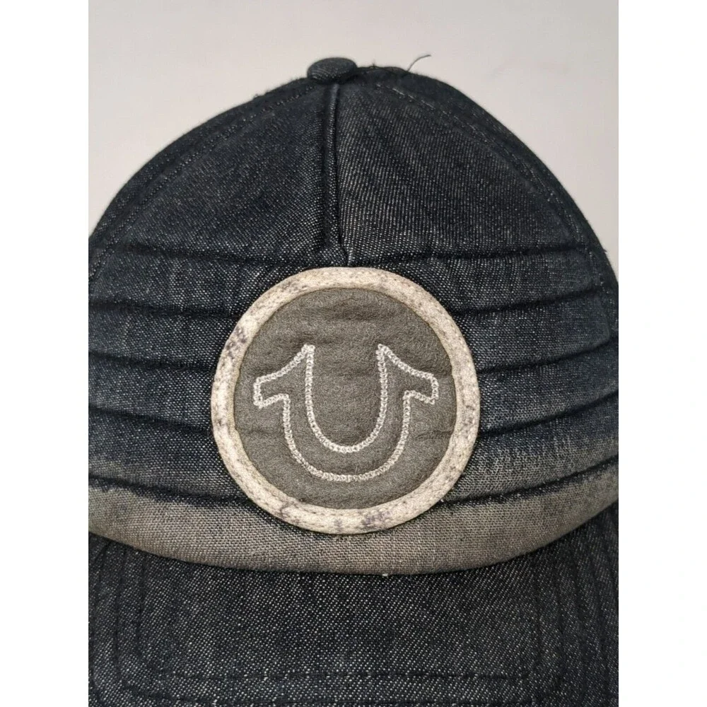 Vintage True Religion Denim Baseball Cap Leather Strap Hat‎ Blue Patch Logo Y2K